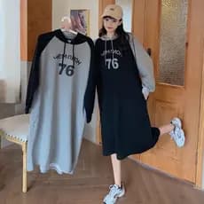 Oversized Plus Size 150KG Estilo Coreano Feminino Midi Com Capuz Vestido De Manga Comprida Carta Número Estampas