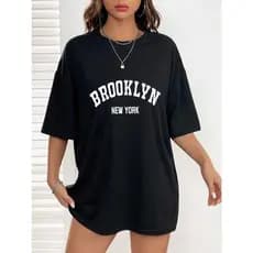 Camiseta Feminina Oversized Brooklyn New York Estilo de Rua Academia Corte Reto e Largo 100 % Algodão