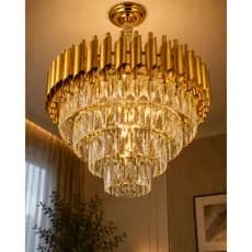 Lustre Pendente Cristal Luxo Dourado LED Sala de Jantar Moderno Premium Ø55cm E14x9 Decorativo