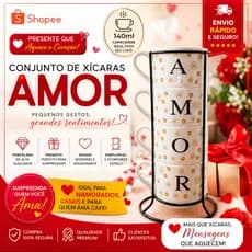 Conjunto Amor 4 Xícaras de Porcelana 200ml com Suporte Empilhável | Presente Dia dos Namorados | Café | Amor | Decoração