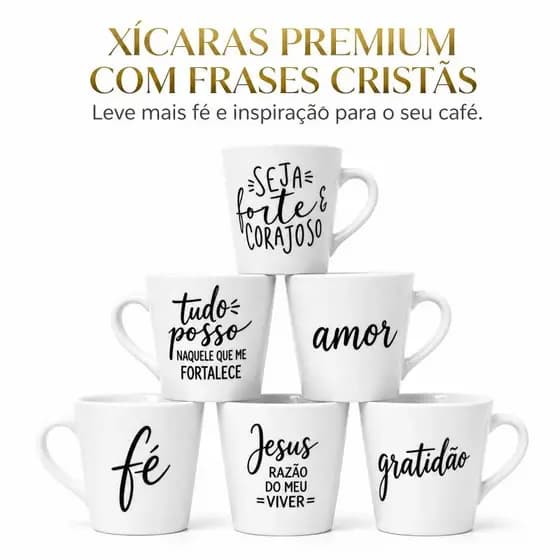 Kit Xícaras Caneca Porcelana 140ml Frases Cristãs Presente Evangélico Fé Versículos Bíblicos Café Decoração Amor Sonhos