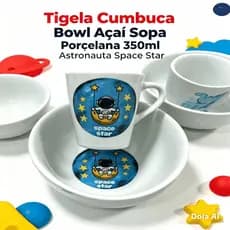 Kit Tigela Infantil Porcelana 350ml-Dino Roar Space Astronauta Lua e Estrelas - Papinha  Café da Manhã Crianças Diversão