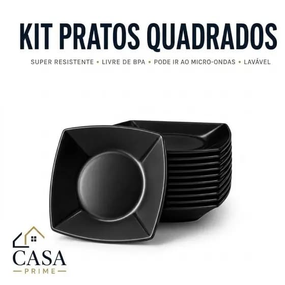 Kit 50 Pratos Plásticos Quadrado Super Resistente Refeições Festas Lanches Escola Lavável Crianças S/ BPA Cor Preto