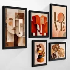 Kit de 5 Quadros Decorativos Abstratos Love Tons Terrosos Romântico Elegante Sala Quarto Cozinha