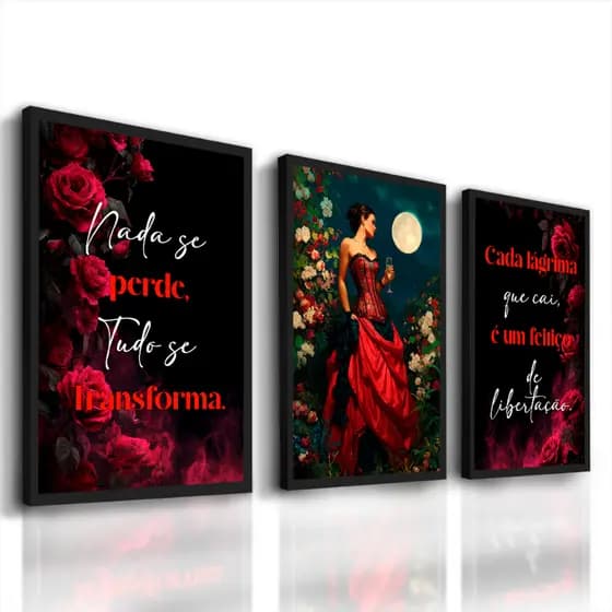 Kit de Quadros Decorativos Pomba Gira Rosa Vermelha Moldura Sala Quarto Religioso Umbanda Candomblé