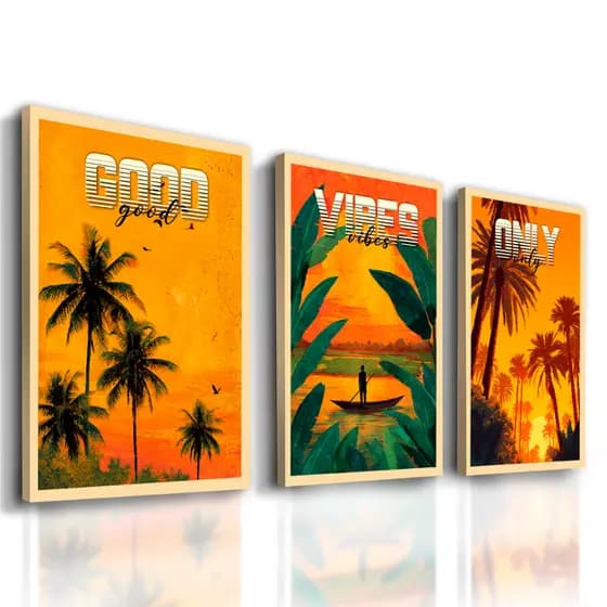 Kit Quadros Decorativos Good Vibes Only Coqueiros Barco Lindo Moldura Sala Quarto Escritório