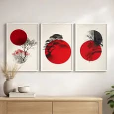 Kit Quadros Decorativos Arte Japonesa Ramos e Galhos Círculos Vermelhos Estiloso Para Sala Quarto Escritório
