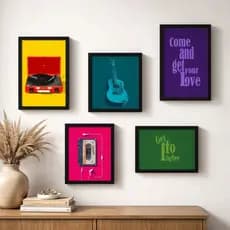 Kit Quadros Decorativos Coloridos Música Disco Violão Para Studio Escritório Hall De Entrada