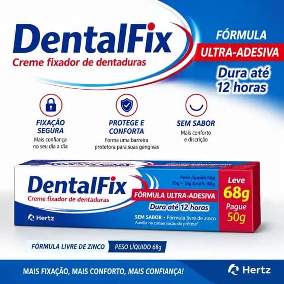 DentalFix Creme Fixador De Dentaduras Ultra Adesivo 68g Dura Até 12h Sem Sabor Livre De Zinco