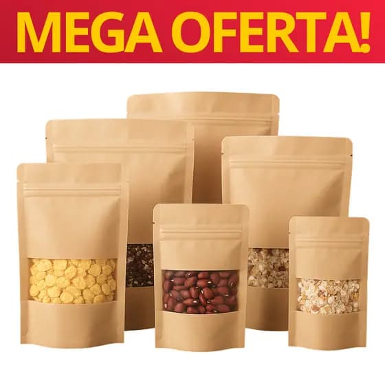 Saquinho Saco Stand Up Pouch Kraft com Visor Zip Lock Hérmetico C/100 Para Alimentos