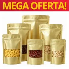 Saquinho Saco Stand Up Pouch Dourado Metalizado Zip Hermético com Visor C/25