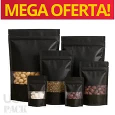 Saquinho Saco Stand Up Pouch Preto Metalizado Zip Hermético com Visor C/100