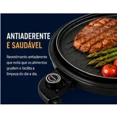 Grill Elétrico Redondo Premium 40cm Grelha 25,5 cm Antiaderente Cor Preto
