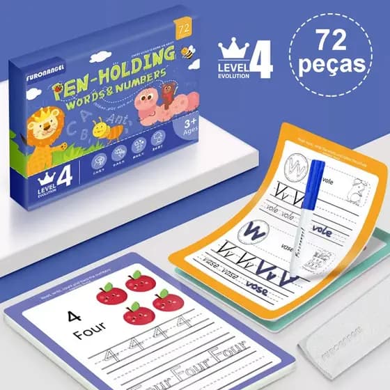 Kit Caligrafia Mágica Infantil Reutilizável Coordenação Motora Letras e Números com Caneta