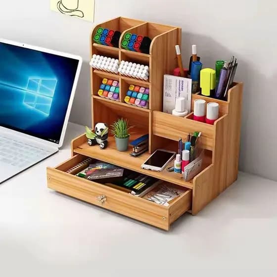 Organizador De Mesa Mdf Canetas Escritório Multiuso C/ Gaveta Nicho