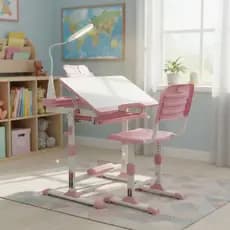 Mesa E Cadeira Infantil Escolar Ajustável C/ Luminária e Suporte P/ Tablet Livros