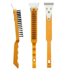 kit 3 Escovas de aço com raspador cabo plástico cerdas de aço e espátula limpa grelha