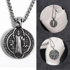 Corrente Colar Medalha Pingente De São Bento Aço Inoxidável