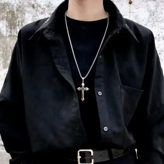 Corrente Cordão Prateado com Pingente Cruz Liga de Aço Black Gótico Punk Rock Unissex