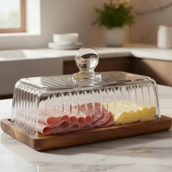 Porta Frios De Vidro E Madeira Queijo Presunto Grande 19cm Cristal