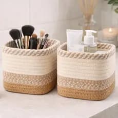 Kit 2 Cestos Quadrado de Algodão E Juta 11x11cm Porta Pincel Multiuso