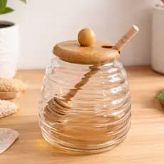 Meleira de Vidro Com Tampa e Colher Bambu 480ml