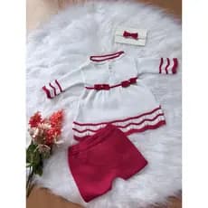 Vestido/Laço/Calça vira pé RN tricot bebê menina saida maternidade luxo detalhes bordados feminino