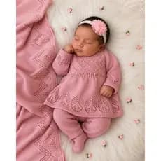Vestido/Calça/Manta saida maternidade malha tricot luxo bebê menina rn perolas bordadas 0 a 3 meses