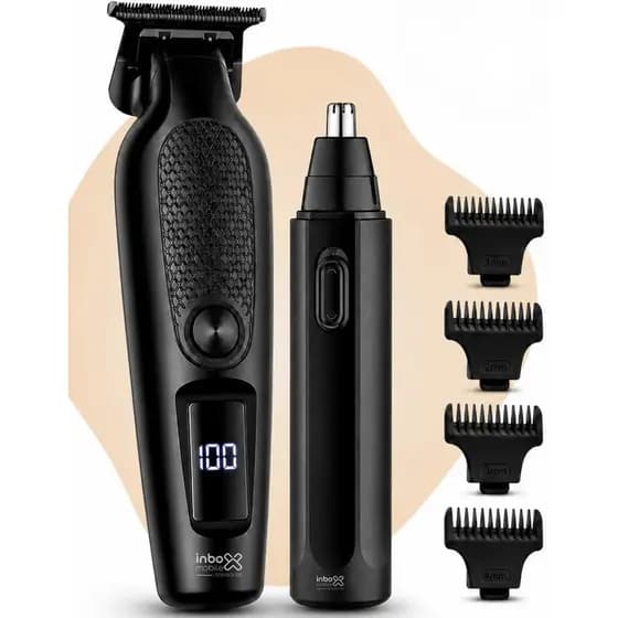 Máquina Maquininha Aparador Barba Cabelo Acabamento Sem Fio Com Visor 4 Pentes + Aparador De Pelos Nariz Preto 127/220v