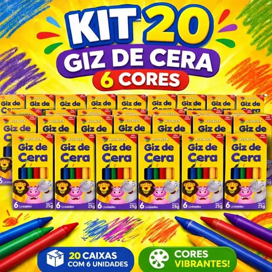 20 Cx Giz de Cera 6 Cores p/ Kit Festa Lembrancinha Prenda Artesanato Pintura