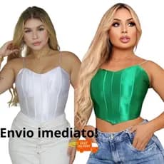 Kit 2 Cropped corset feminino top Acetinado com alça de brilho strass Tendencia
