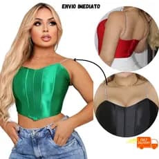 Cropped Corset  Alça de Strass com brilho acetinado Com Bojo/barbatanas cropped estiloso feminino