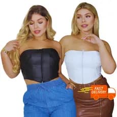 Cropped tomara que caia Cropped Preto Couro Fake possui barbatanas
