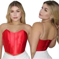 Cropped Corset Feminino Top Acetinado com Alça de Strass com Brilho Possui Barbatana e Bojo