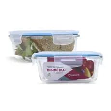 Kit 2 Potes Vidro Hermético Trava Quadrado 800ml Marmita