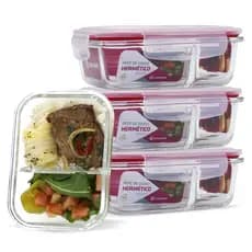 4 Potes Retangular Hermético 640ml Com Divisória Microondas