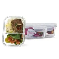 Kit 2 Potes Vidro Hermético Com Divisória 640ml Marmita Fit