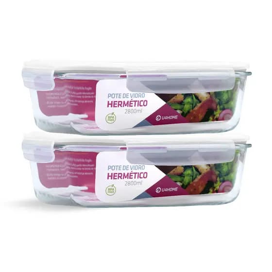 Kit 2 Potes de Vidro Retangular com Tampa Hermética 2800ml
