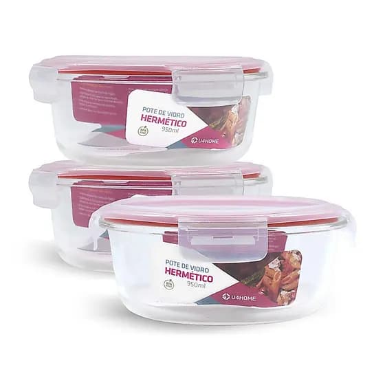 Kit 3 Potes De Vidro Redondo Com Tampa Microondas 950ml