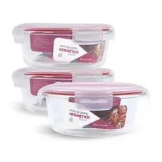 Kit 3 Potes De Vidro Redondo Com Tampa Microondas 950ml