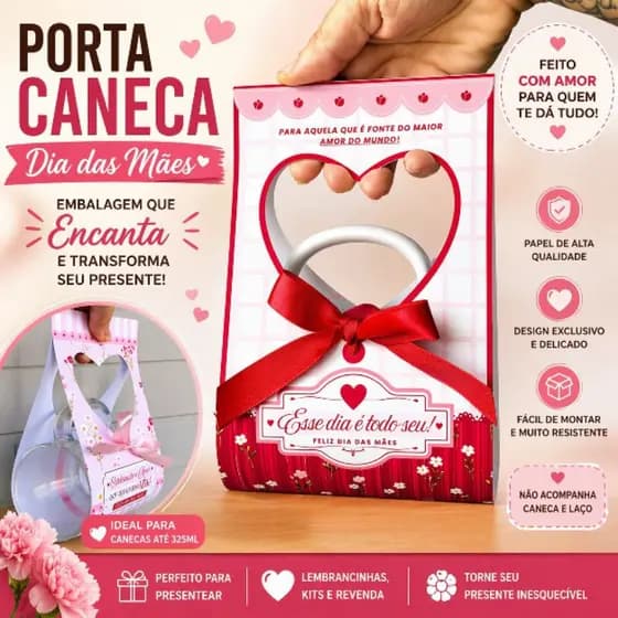 Kit 10 | 20 | 50 Porta Caneca Dia das Mães Embalagem Presente Lembrancinha Revenda Atacado