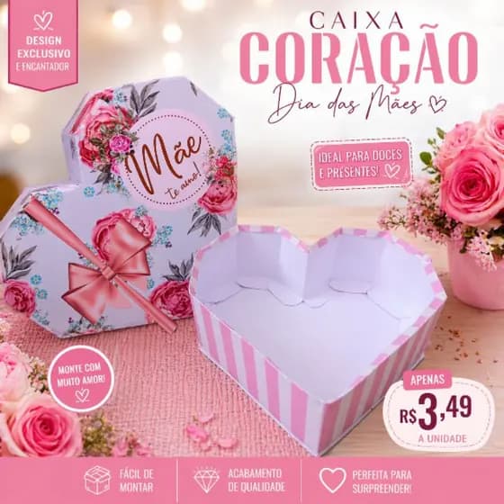 Kit com 10 Caixas em formato de coração Personalizadas Dia das Mães - Embalagem de Presente