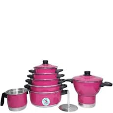 Jogo de Panelas Rosa 5 Peças + Fervedor de Leite de Agua  N12 + Cuscuzeira N18 Coloridos