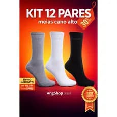 KIT 12 PARES MEIAS CANO ALTO ALGODAO PREMIUM ESPORTIVA ACADEMIA DIA A DIA TREINO CASUAL