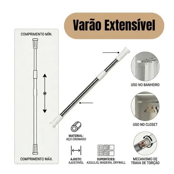 Varão Branco Extensível Resistente Porta Cortina Box Banheiro Multiuso Alta qualidade