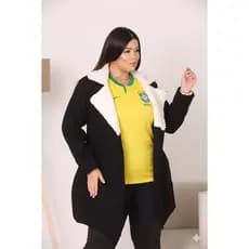Casaco Sobretudo Plus Size Lã Batida Com Botões Forrado Detalhe Carneirinho Luxo