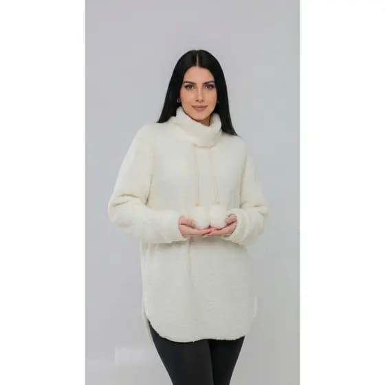 Blusa Teddy PomPom Oversized Pelúcia Com Bolsos M Ao G3