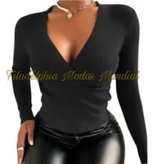Blusa de Frio Outono Inverno Decote V Tecido Canelado E Blusa Estilo Europeu Transversa Tecido Lanzinha PP P M G GG
