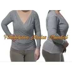 Blusa Listrada estilo versátil PP/34 ao GG/48 decote em V tecido suplex pode ser usada em festas trabalho no dia a dia