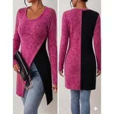 Blusa Feminina de Frio Túnica  Bicolor Corte Diagonal Outono Inverno Manga Longa Lanzinha Leve Luxo Estilo Europeu